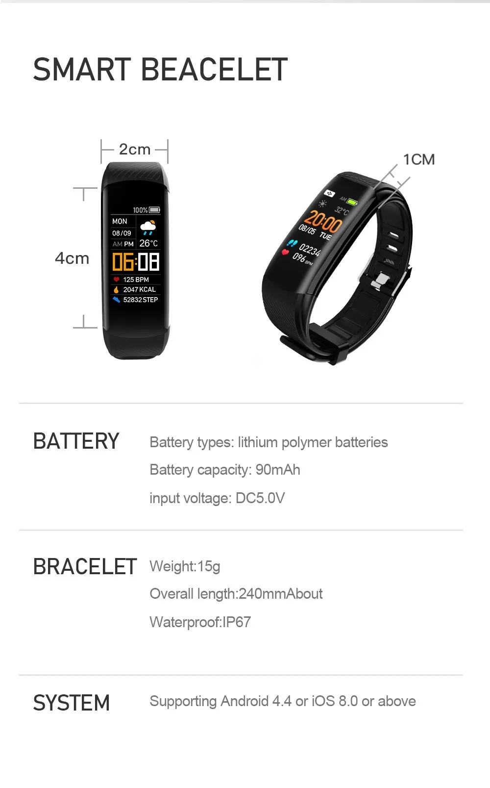 Smart Wristband Fitness Tracker Bracelet for Men Women Kids Smartwatch Sport Waterproof Connected Heart Rate Smart Watch Band