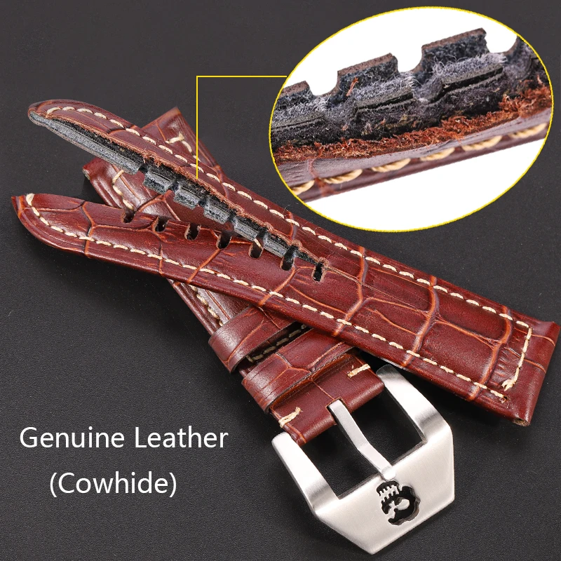 Genuine Leather Watchbands 22mm 24mm Thick Watch Band Strap Black Brown Orange Clock Belt Bracelet Skull Hollow Buckle For