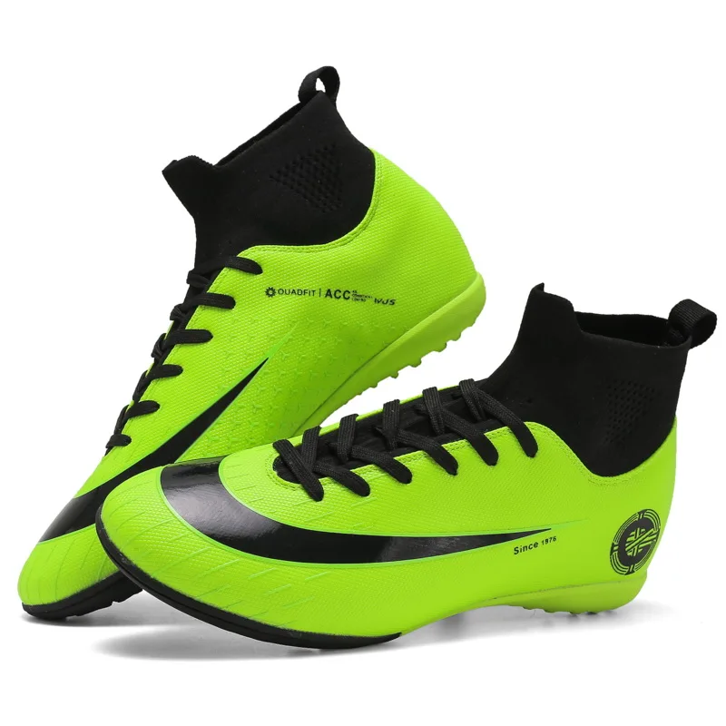 Высокие мужские футбольные бутсы для мальчиков, детские бутсы, Длинные шипы, тренировочная футбольная спортивная обувь, спортивные кроссовки, размер 39-44 - Цвет: Black and Green