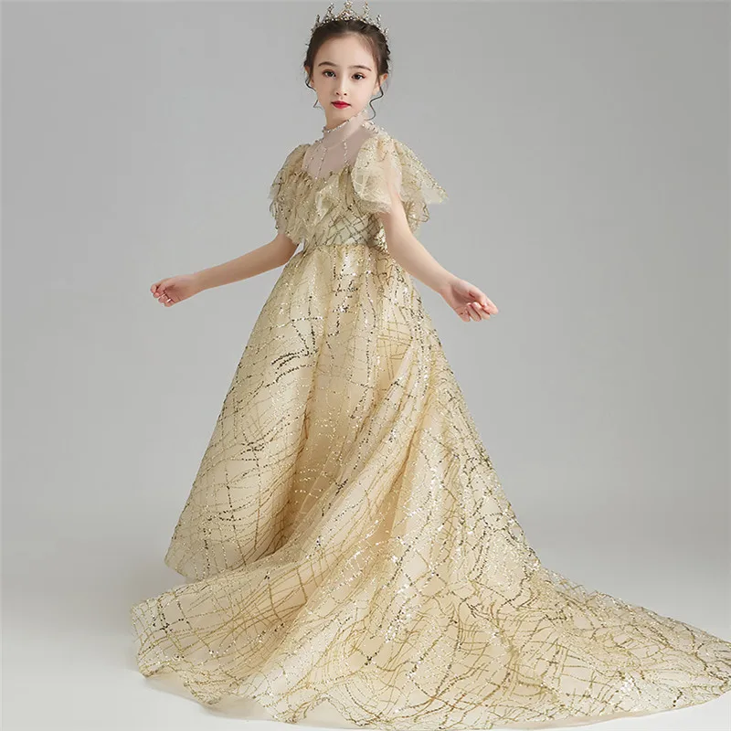 Children Girls Luxury Sequined Wedding Party Evening Birthday Princess Long Tail Dress Baby Kids Piano Pageants Ceremony Dress