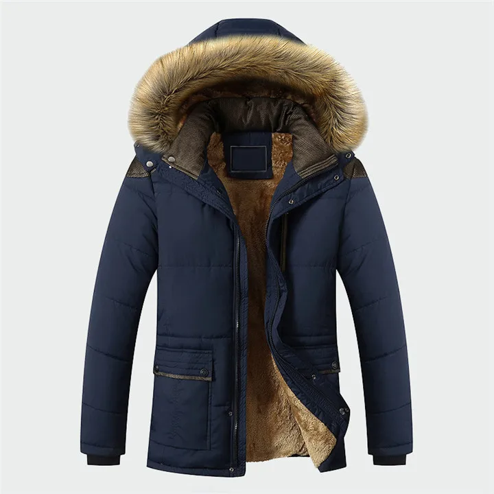 Зимние мужские новые тонкие толстые длинные модные меховые воротники с капюшоном Шерсть подклад куртки мужские пуховые теплые пальто ветрозащитная куртка - Цвет: Blue