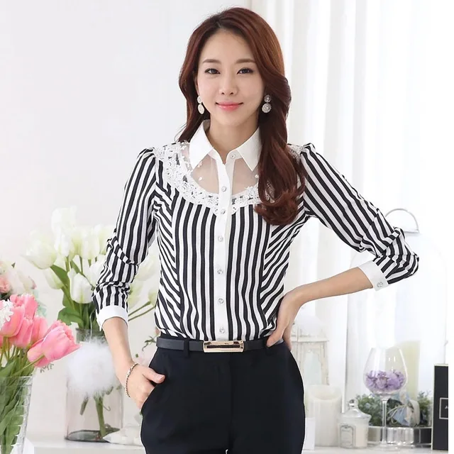 Lace sheer mesh patchwork office blouse white black striped shirt oversized button down shirts ladies plus size tops women C454 2