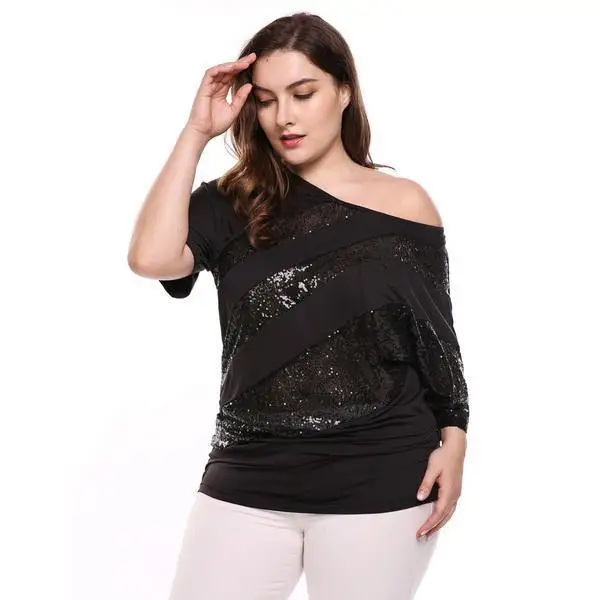 Новинка, женская футболка размера плюс L-XXL, повседневный летний пуловер с круглым вырезом и рукавом средней длины, с блестками, из кусков, эластичный, два способа, пуловер, футболка, топы