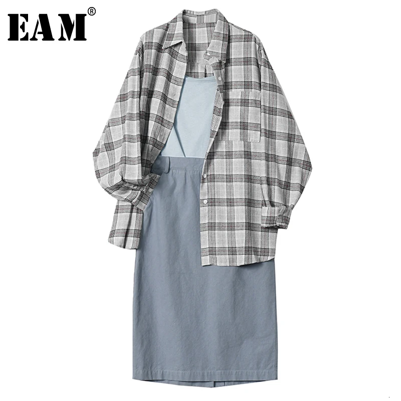 [EAM] клетчатая юбка, костюм из трех предметов, новинка, с отворотом, длинный рукав, черная, свободная, женская мода, весна-осень, 1B565