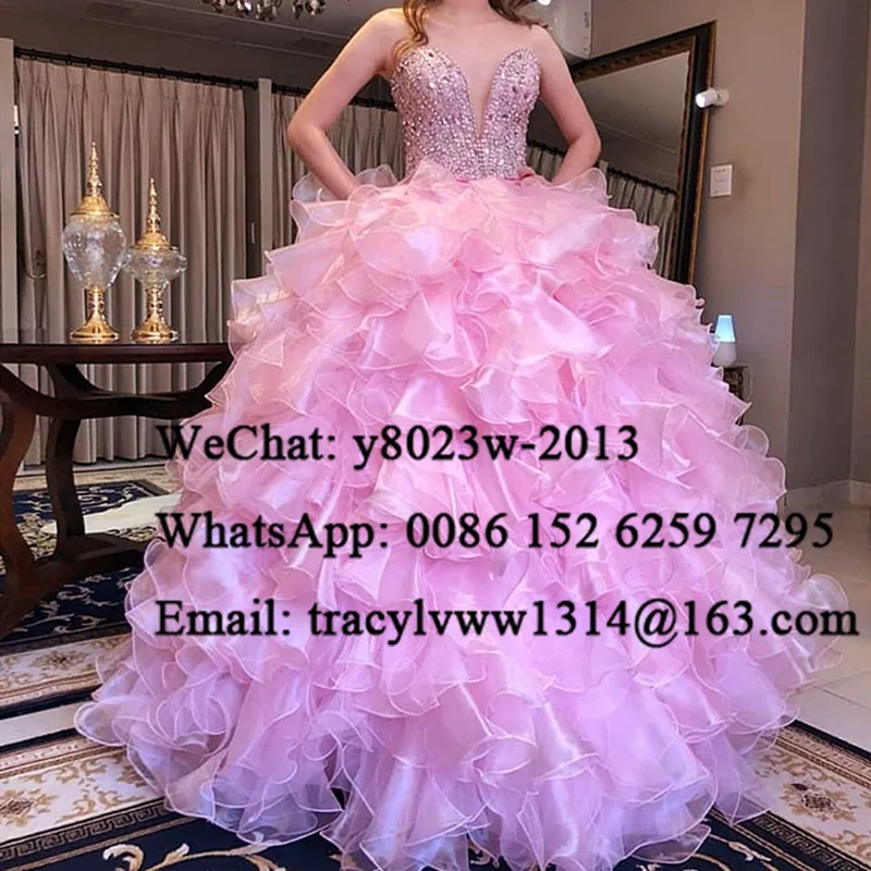 model picture color Cascading Ruffles Ball Gown Quinceanera Dresses Luxury Beads Crystal Pink Organza Sweet 16 Dress Pageant For Girls Vestidos - Цвет: model picture color