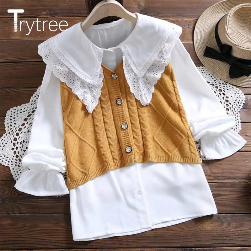 

Trytree Autumn Women Casual two piece Lace Single Breasted Flare Sleeve Ruffles Blouse + Sweater Knitted Vest Suit 2 Piece Set