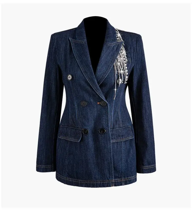 

Women's Patchwork Crystal Tassel Blazer Notched Long Sleeve Double Breasted Denim Coats Office Lady Fashion Blazer Suit