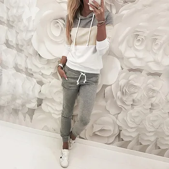 

WEPBEL Hip Hop Clothes Set Women 2pcs Patchwork Color Hooded Top Sweater + Full Length Drawstring Pants Fashion New