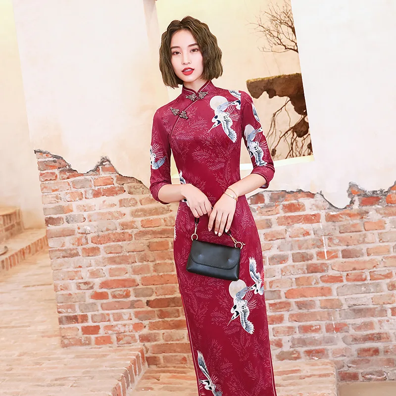 

Vintage Button Elegant Women Qipao Sexy Slim Long Cheongsam Chinese Traditional Classic Mandarin Collar Vestidos Plus Size Dress