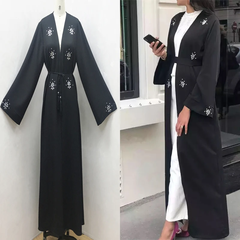 

F863Diamond beading Muslim abayas Wholesale Dubai fashion muslim full opening cardingan abaya female full length islamic robes