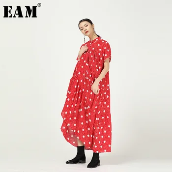 

[EAM] Women Pattern Printed Pleated Big Size Shirt Dress New Satnd Collar Short Sleeve Loose Fashion Spring Summer 2020 1T309