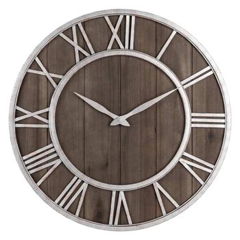 

Best Farmhouse Metal & Solid Wood Noiseless Wall Clock (Dark Brown Wood Rustic Silver Metal Iron Frame with Rusted Orange Red Pa
