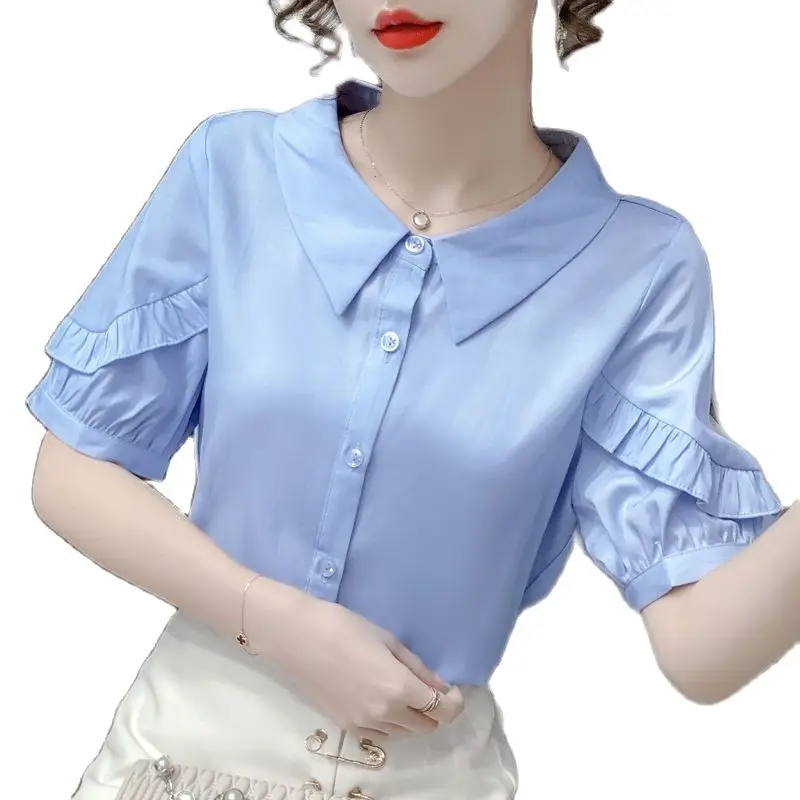 

Женская шифоновая блузка с коротким рукавом и воротником «Питер Пэн»