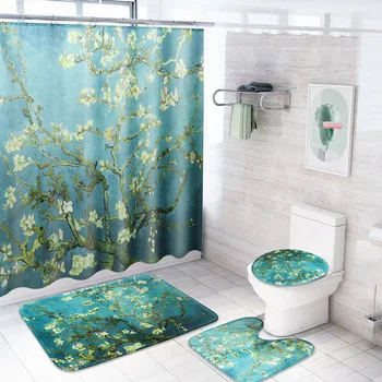 

Xueqin Blooming Apricot Flower Pattern Polyester Waterproof Bathroom Shower Curtain With 12 Hooks Floor Mats Pads Set 180x180cm