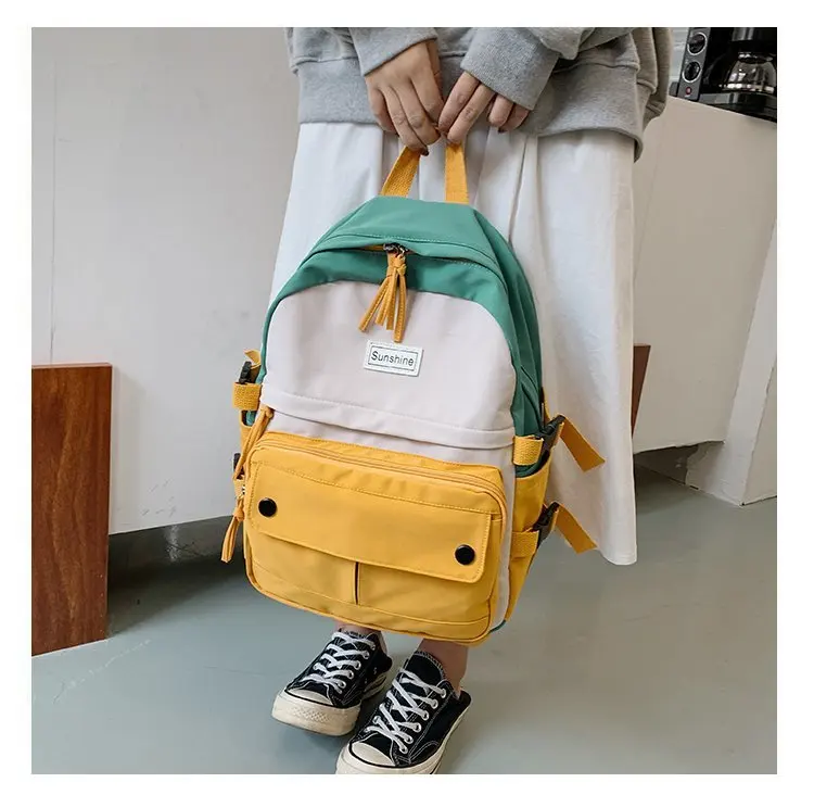 Stitching Contrast Women's Backpack Fashion Harajuku Cute Student Canvas School Bag Kawaii Girl Casual Travel Backpack Female