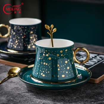 

Nordic Porcelain Cup and Saucer Gold Dots Luxury Kitchen Accessories Tableware Personalized Tea Coffee Cup Set Gift For Friends