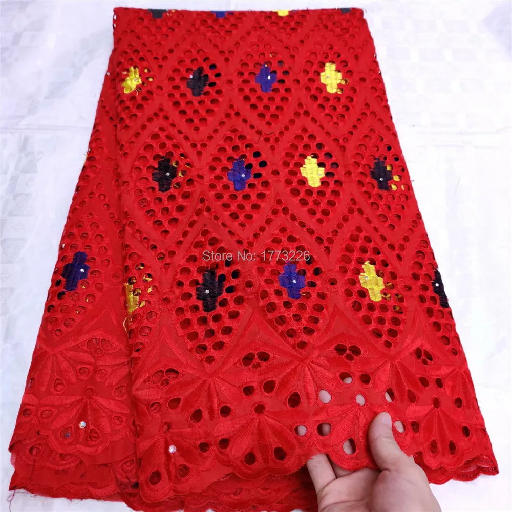

High Quality Swiss Voile Lace In Switzerland Hollow Out Red Color African Cotton Lace Fabric With Stones For Men and Women Party