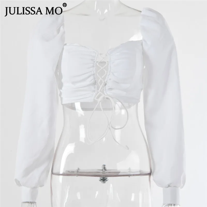 Белый JULISSA MO белая перекрестная бандажная Сексуальная футболка женские осенние кружевные блузки без бретелек тройник Модные женские укороченные топы с открытой спиной - Цвет: Белый