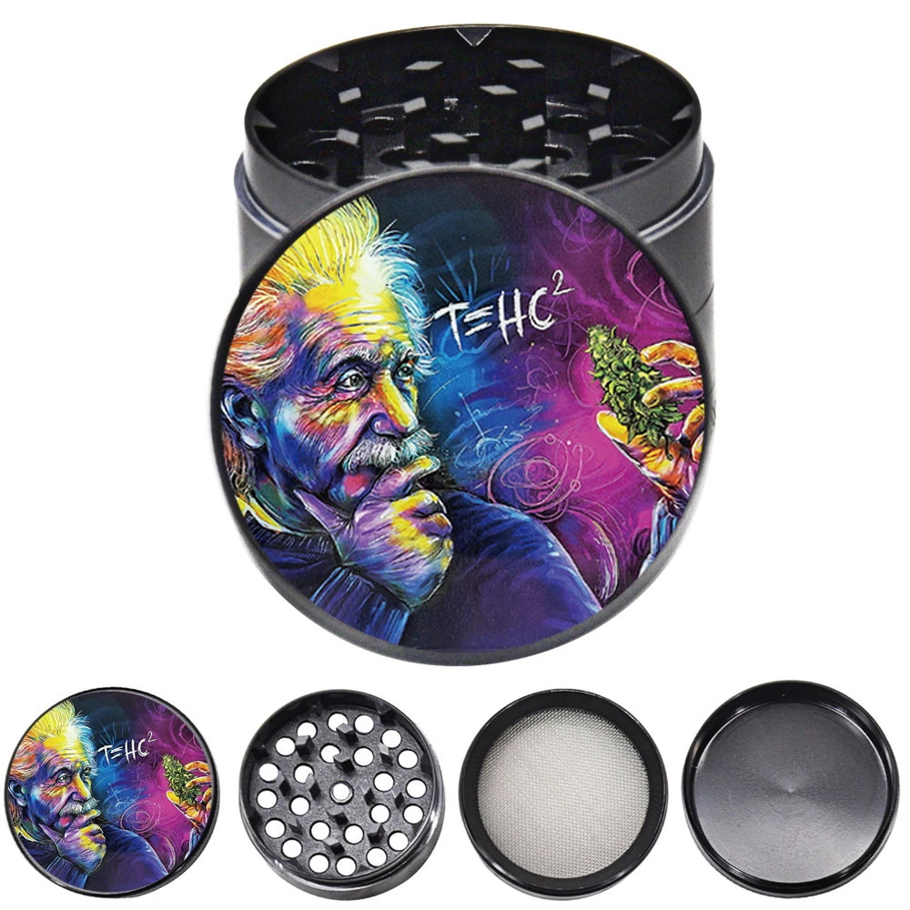 Molinillo de hierba de 4 capas, 50mm, 1,96 pulgadas, Metal de aleación de Zinc, para tabaco de hierbas secas, con estampado de hierbas de Einstein, accesorios para Humo