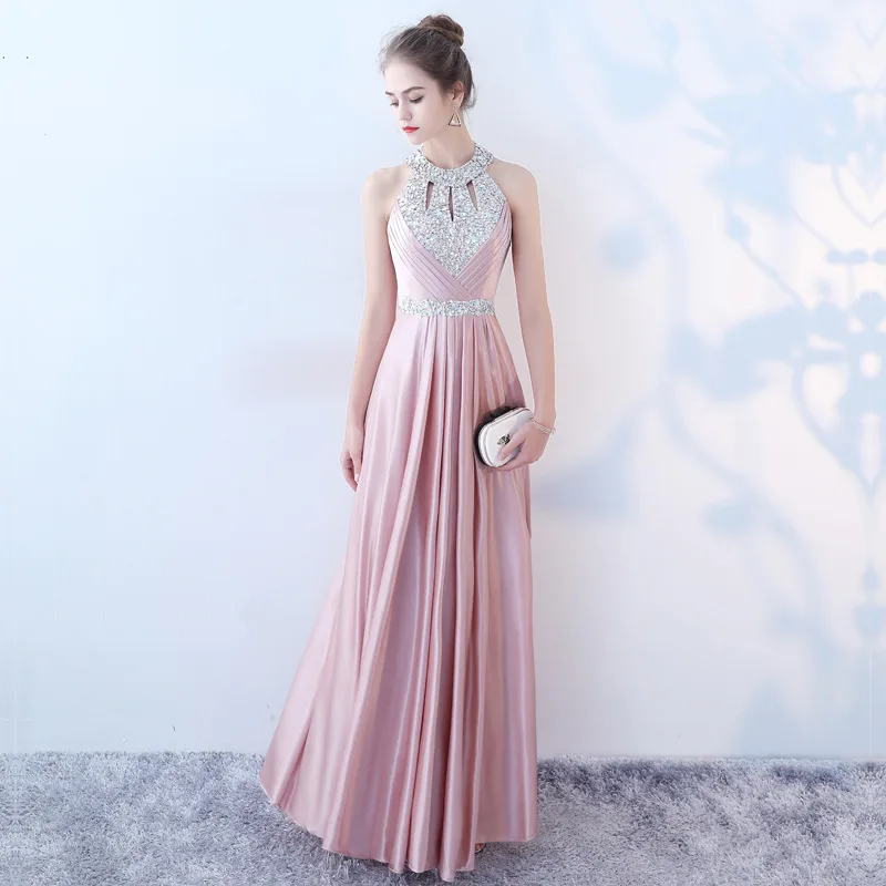 

Simple Halter Neck Sequin Beading Vestido De Festa Satin Shiny Backless A-line Long Prom Dresses Robe De Soiree Party Gowns