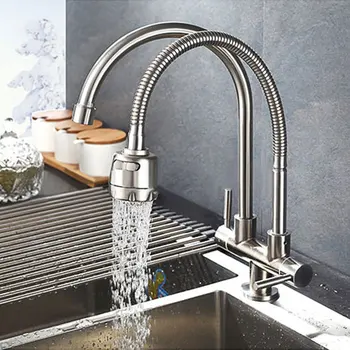 

New Stainless Steel Kitchen Faucet Single Double Universal Cold Water Pipe Outlet Faucet Bathroom Wash Basin Swivel Spout Water