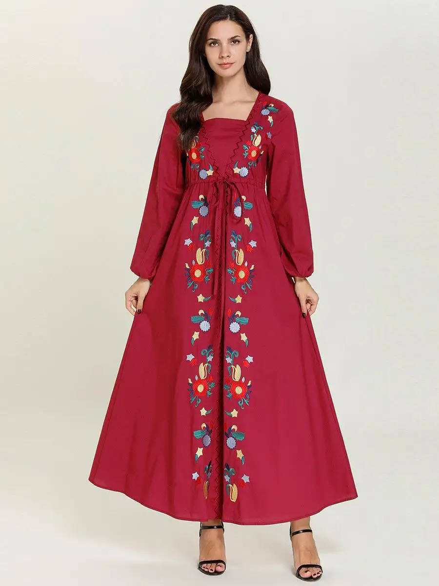 Abaya/длинное женское Платье макси с вышивкой, с пышными рукавами, мусульманское винтажное этническое платье с длинными рукавами и квадратным воротником, Мода
