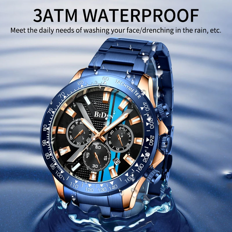 Men39sWatchBlueDialStainlessSteelBandDateMensBusinessMale