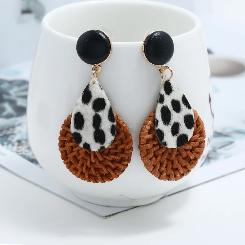 

Handmade Weaved Big Earrings For Women Leopard Patchwork Long Drop Earrings Pendientes Boho Jewelry Brincos