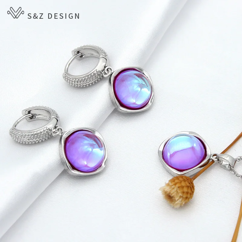 S&Z DESIGN Elegant Round Colorful Crystal Dangle Earrings Jewelry Sets For Women Girls Wedding Party Fashion Pendant Necklace