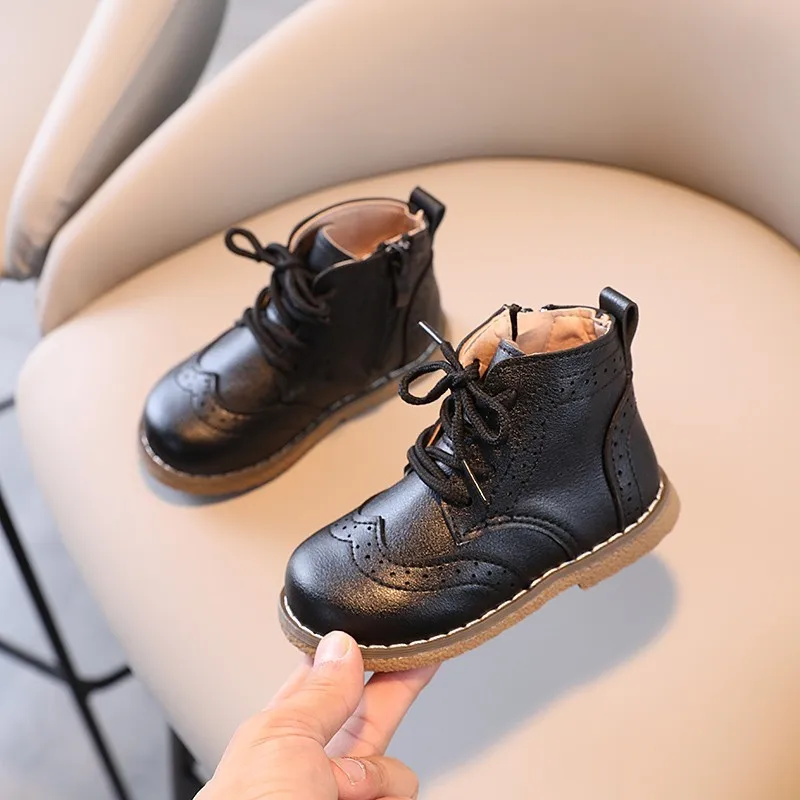Children Boots British Style Fretwork Pu Leather Brown Black Boys Girls Short Boot 21-30 Toddler Zipper Solid Color Kids Shoes 2