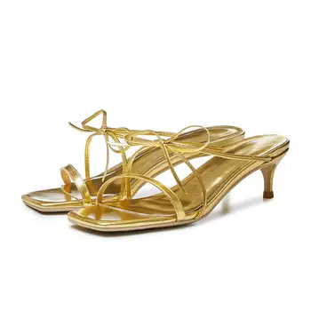 

Genuine Leather square Toe Sexy Women's Sandals Thin Heel Fashion Slippers Summer 2020 Black Gold Beige 34-43