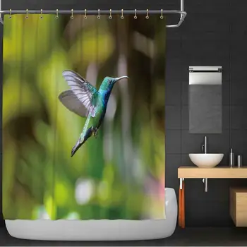 

Hummingbird Flying Stationary on Green Background 2 Bathroom Decor Set,055153 with Hooks,36''W x 72''H