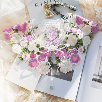 

Womens Fake Collar Shawl Embroidered Colorful Floral Hollow Half-Shirt Necklace