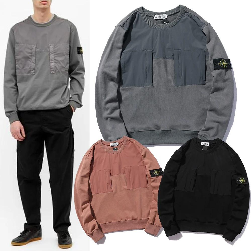 

2021 Autumn Stone-island Men Casual Logo 2 Zipper Pockets Long Sleeve Sweater Couple Loose O-neck Sweatshirts