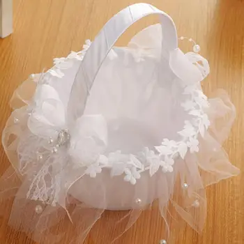 

Romantic Flower Basket Weave Bridal Baskets with Lace Satin Pearls for Wedding DEC889