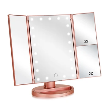 

Tri-Fold Lighted Vanity Makeup Mirror With 3X/2X/1X Magnification,21Leds Light And Press Screen,180 Degree Free Rotation Counter