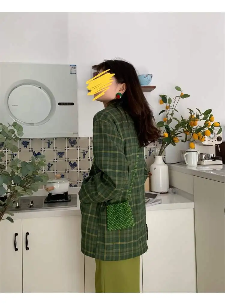 Heydress Осенняя Новая женская зеленая клетчатая Блейзер офисная Дамская однобортная верхняя одежда женские свободные куртки с воротником