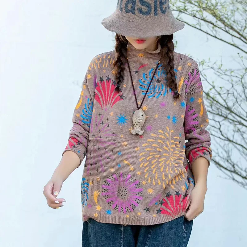 Новинка 2019 зимний свитер с цветочным принтом и воротником средней длины