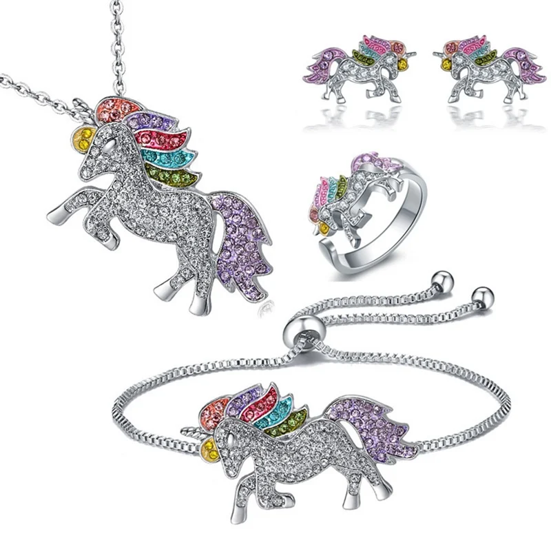 Cartoon Colorful Unicorn Necklace Earrings Bracelet Set Valentine's Day Gift Jewelry