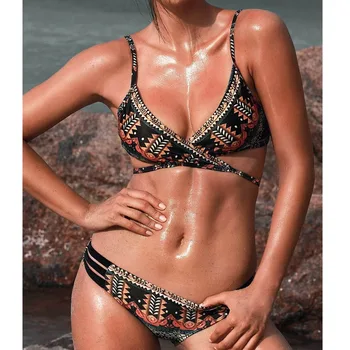 

Minimalism Bikinis set 2020 Patchwork Women Swimwear Swimsuit Halter Top Print Bathing Suits young girls clothing Mid Waist