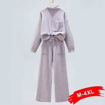 

Plus Size Korean Pockets Half Turtleneck Loose Sweater 2 Pieces Tracksuits 4XL Casual Knited Jumper Pullover+wide Leg Pants