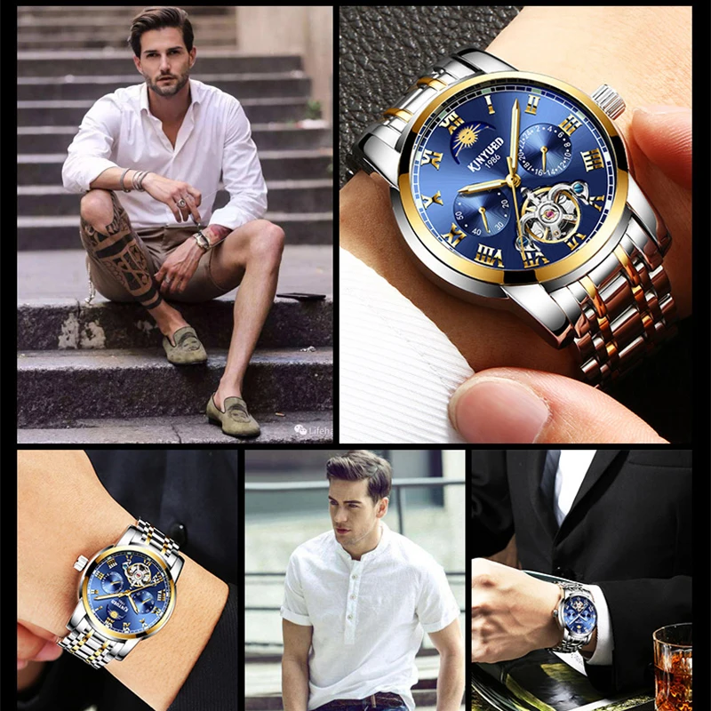 KINYUED Роскошные автоматические часы календаря для мужчин Moon Phase Tourbillon светящиеся