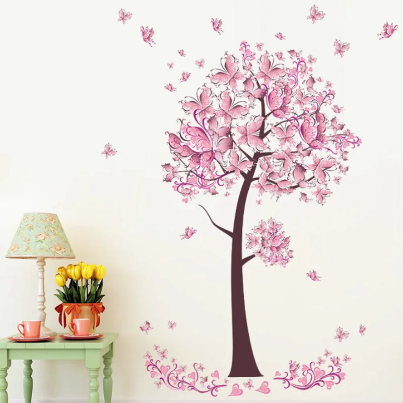 Pink Butterfly Flower Tree Adesivos de Parede, Papel de Parede em Vinil Mural, Decalques para Meninas, Mural Feminino, Casa, Sala de Estar