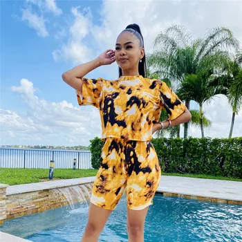 

Women 2 Piece Set Summer Tie Dye Print Loose Casual Top+Shorts Fashion Suits 2020 Streetwear Workout Clothes Tracksuit