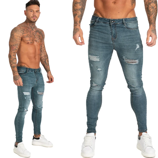 GINGTTO Jeans Men Elastic Waist Skinny Jeans Men 2020 Stretch Ripped Pants Streetwear Mens Denim Jeans Blue blue zm94