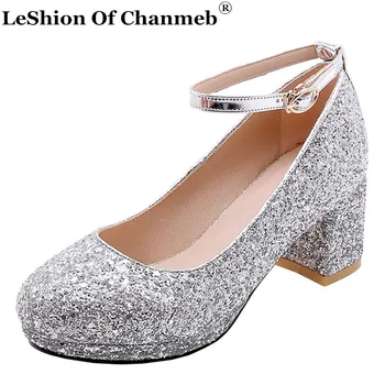 

Hot Sale Women's Glitter Party Shoes Ladies Block Thick Heeled Round Toe Ankle Buckled Strap Pumps Bridal Wedding Shoes Footwear