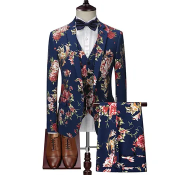 

Men's Blazer Vest Pants Suit 3 Piece Set / Male Flower Print Slim Party Dress Jacket Coat High End Party Trousers Waistcoat