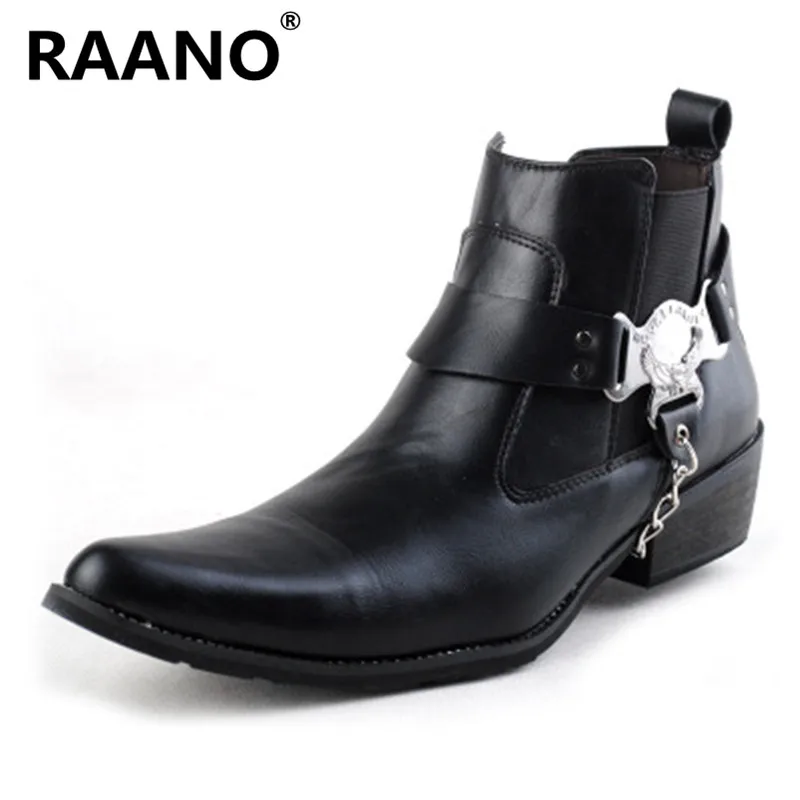

High Quality Chain Pointed Toe Leather Boots Men Uniform Basic Motorcycle Boots Men Ankle Punk Rock Black Shoes Botas Hombre