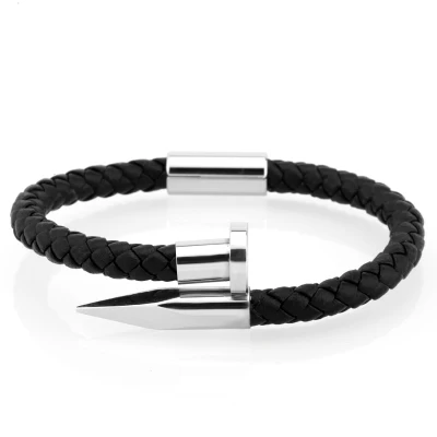Black leather white Браслет mcllroy мужской/из натуральной кожи/из нержавеющей стали/люкс/мужской браслет с золотым шармом для ногтей ручной работы мужские ювелирные изделия erkek bileklik - Окраска металла: Black leather white