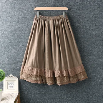 

2020 New Autumn Women Skirt Literary Fresh Elastic Waist Lace Embroidery Loose Cotton Skirt Women